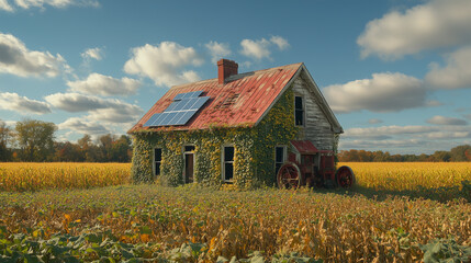 Obraz premium Futuristic Camouflaged Farmhouse with Reflective Exterior and Vintage Tractor Art 