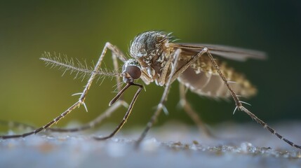 Close-up of a mosquito resting on a surface during daytime showcasing intricate details of its anatomy and features in a natural environment