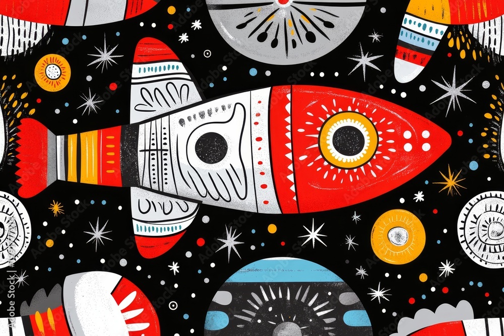Aufkleber abstract space art, with planets and spaceships floating in the universe, in a flat illustration sty