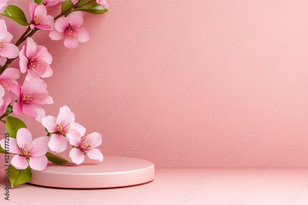 Aufkleber Abstract minimal pink background with a podium for product presentation, 3D render mockup stage design. Front view. In the foreground, there is an empty display stand on which two cherry blossom