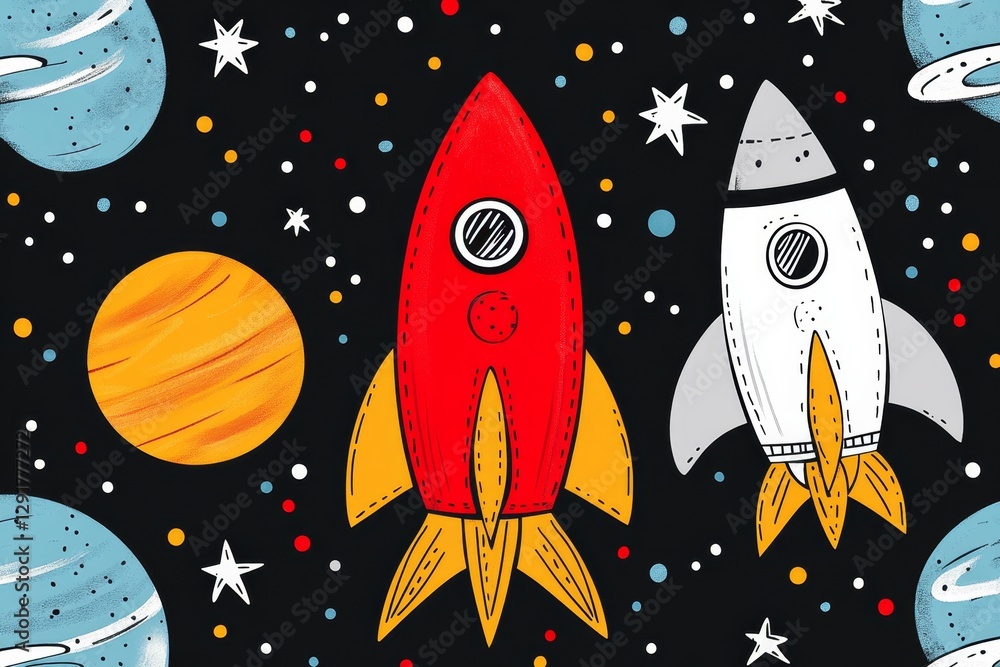 Poster abstract space art, with planets and spaceships floating in the universe, in a flat illustration sty