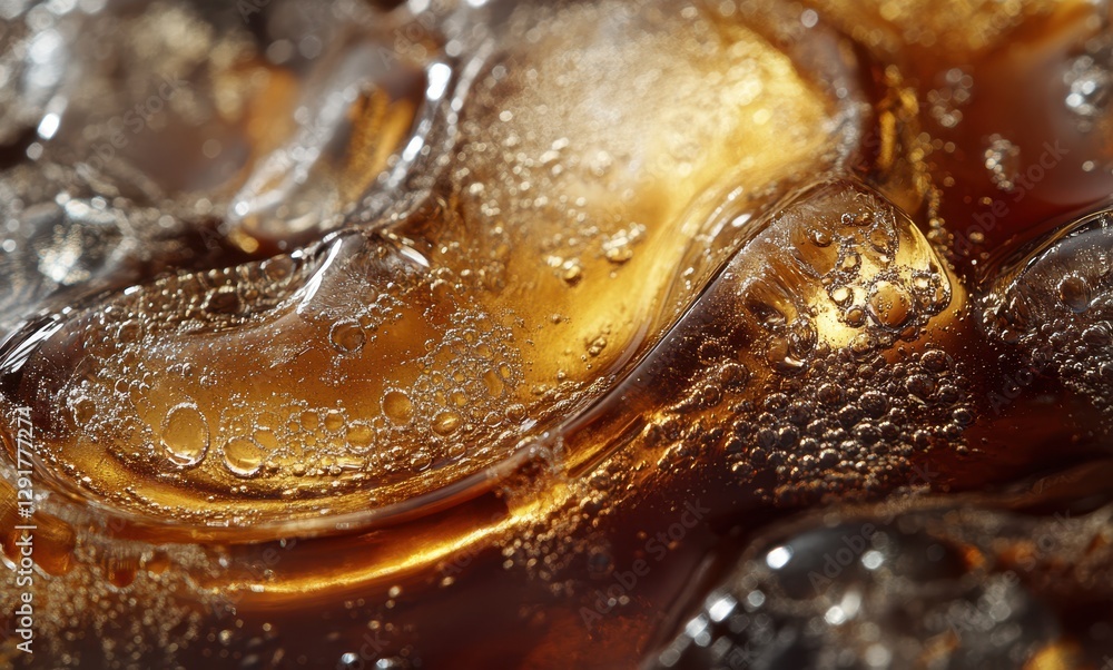 Poster close-up view of sparkling brown soda with ice cubes glimmering in a refreshing beverage with bubble