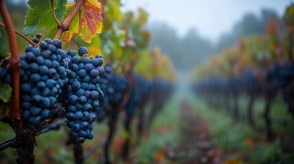 Vineyard in the rain on a foggy morning, with vine rows and grape leaves scattered on the ground.