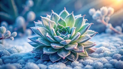 Fototapeta premium A frosty succulent plant, delicately adorned with ice crystals, basks in the soft glow of morning sunlight, a breathtaking winter scene of natural beauty.