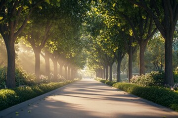 Fototapeta premium Sunlight filters through trees lining a peaceful path in a serene garden during early morning hours