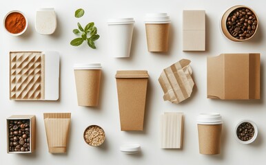 Collection of Eco-Friendly Packaging for Coffee and Snacks Featuring Paper Cups, Containers, and Natural Ingredients on White Background