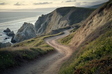 A picturesque and winding coastal trail meanders alongside dramatic cliffs, offering stunning views of the ocean at sunset, all set within a beautifully serene landscape