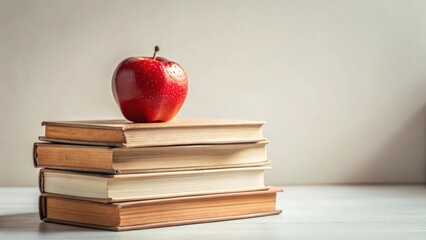 A vibrant red apple rests atop a neatly stacked collection of vintage hardback books, creating a serene and studious atmosphere.