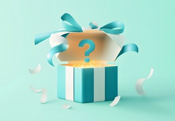 Mystery gift box with question mark symbol glowing on blue background, surprise or unknown present