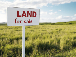 Fototapeta premium Real estate opportunity: A grassy field with a sign indicating land is available for purchase, set against a blue sky with scattered clouds. .