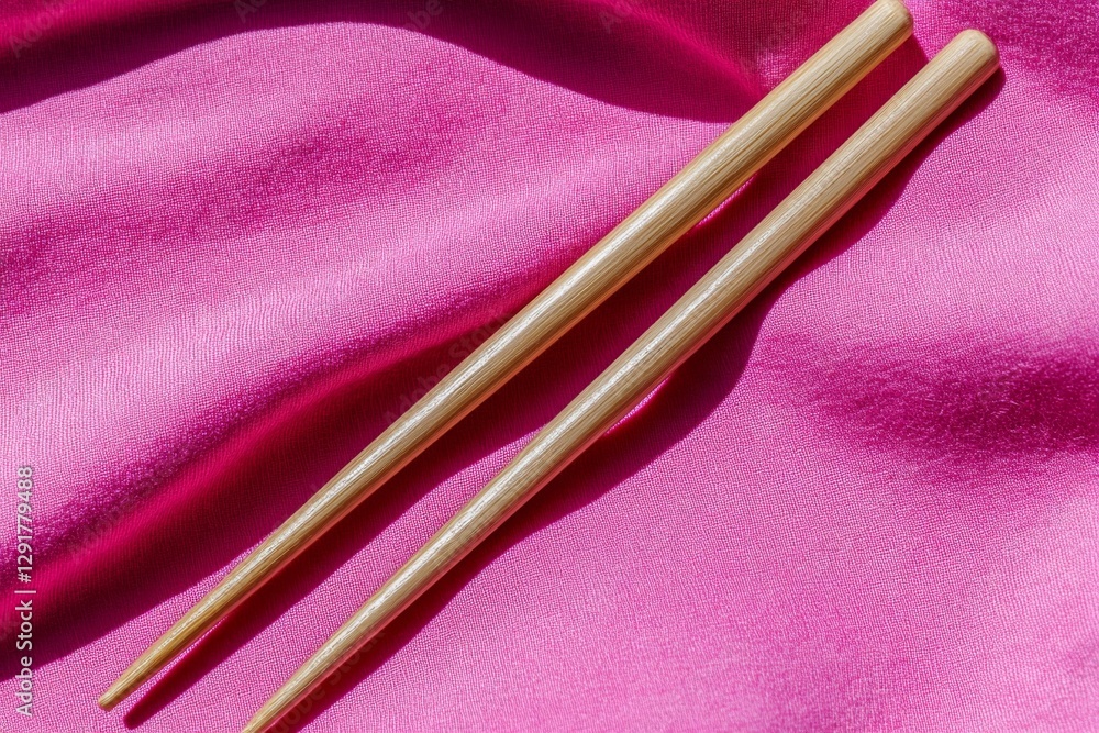Poster close-up of two wooden weaving or knitting needles with pink and red threads on the background of li