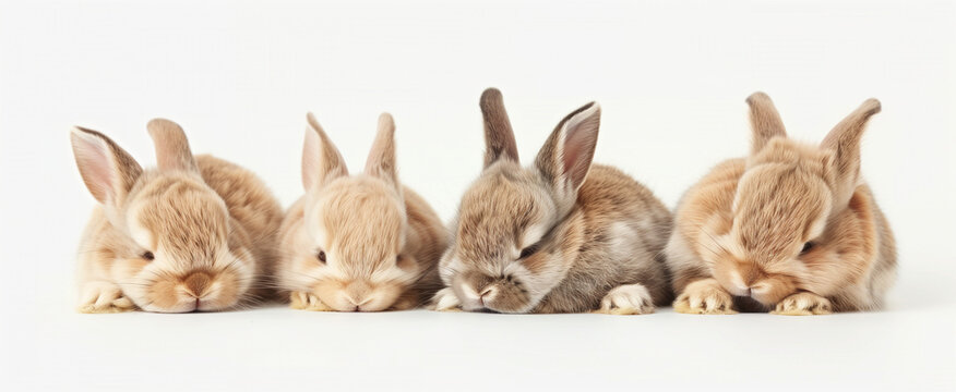 Four adorable, fluffy rabbit bunnies in a row lined up on a white surface.