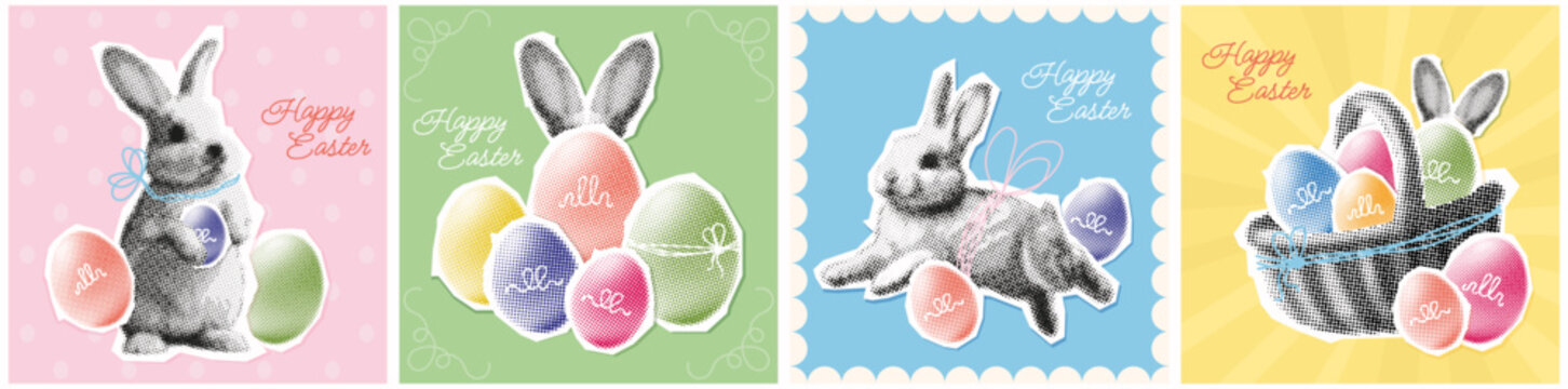 halftone Easter day collage cover set, trendy card with cutout paper elements, square poster with dotted icons