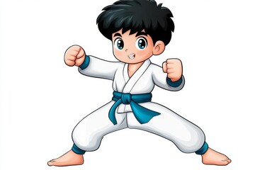 a 2D cartoon illustration of a person practicing karate kicks, powerful and precise, white background