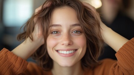 Fototapeta premium Smiling Woman Posing with Hands in Hair