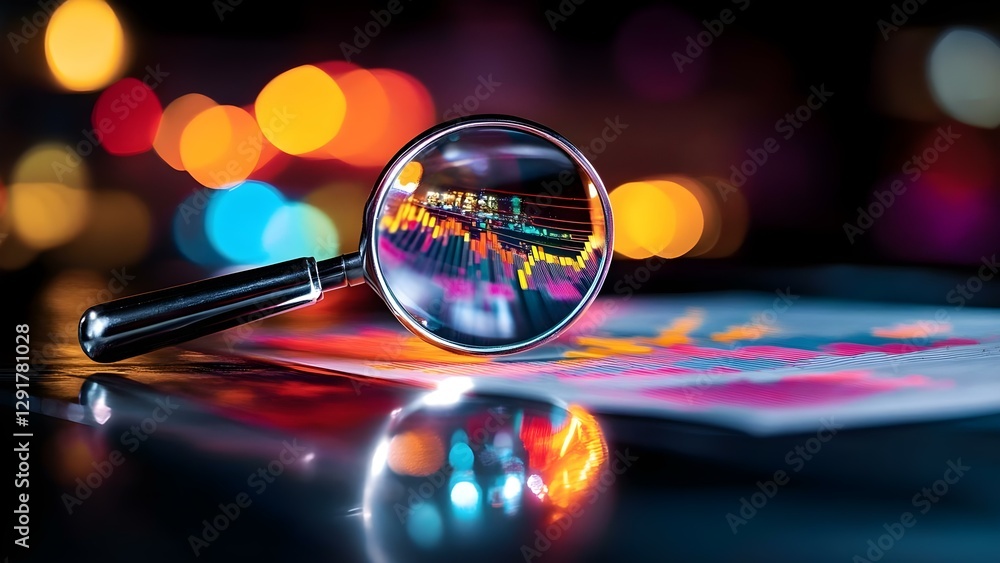 Poster a magnifying glass is placed over a colorful data chart, with vibrant bokeh lights in the background