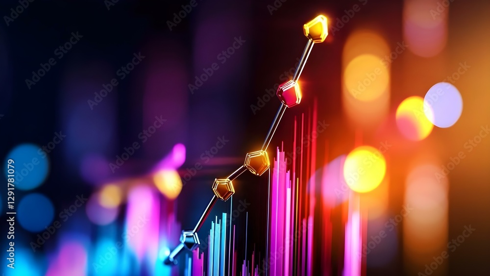 Poster a colorful digital graph with a rising trend line, featuring glowing data points and vibrant backgro