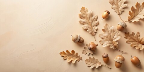 Autumnal Arrangement Dried Oak Leaves and Acorns on a Textured Beige Surface