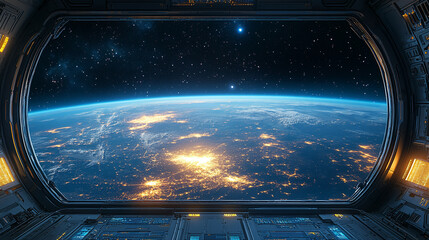 A futuristic space station interior with sleek metallic surfaces and glowing white lights, featuring a panoramic view of Earth, symbolizing advanced technology, exploration, and innovation