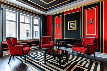 Captivating Art Deco Inspired Living Room with Striking Geometric Patterns and Gleaming Gold Accents