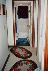 Hallway leading to a bathroom, with floral latch hook rugs on the floor. Image is a vintage scan...