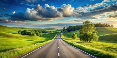 Asphalt ribbon unwinding through vibrant green hills under a dramatic sky, leading to a horizon bathed in the golden light of sunset.