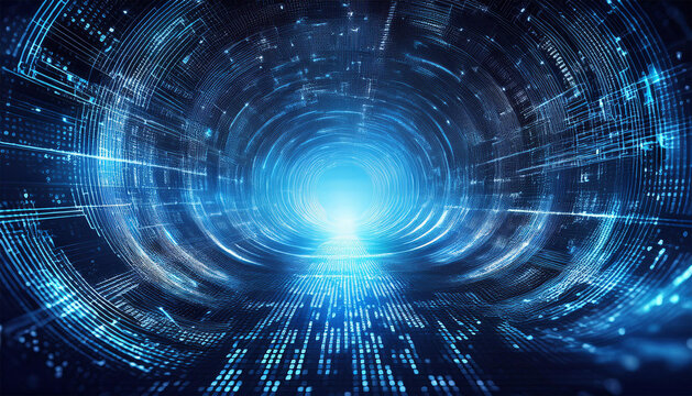 blue binary code creating a tunnel effect illustrating the dynamic flow of data and emphasizing key concepts in cybersecurity within an abstract digital landscape