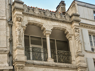 Stately Manor Balcony with Magnificent Caryatid Statues in Angouleme, France