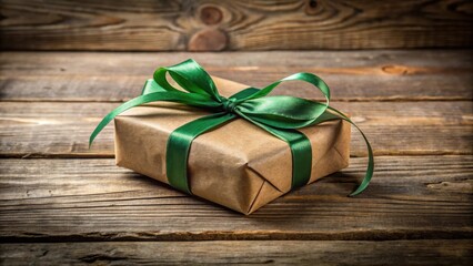 A thoughtfully wrapped gift, tied with a lush green ribbon, rests on a rustic wooden surface, conveying a sense of anticipation and heartfelt generosity.