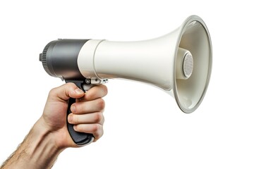 Hand holding a megaphone, isolated on white background, communication and announcement concept