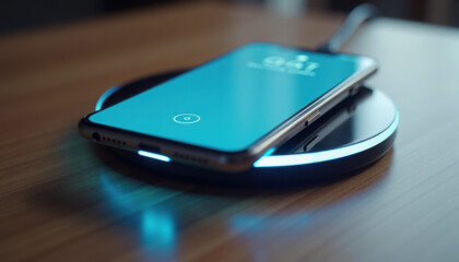 Smartphone charging on a stylish wireless pad, featuring a bright screen display and illuminated charging edge
