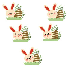 Set of Easter illustrations featuring an adorable bunny with decorated eggs and greenery on a grassy area, perfect for holiday and spring designs.
