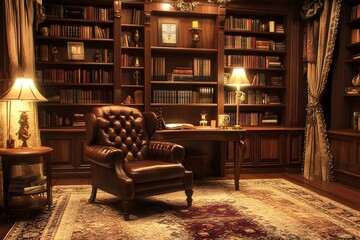 Elegant Mahogany Bookshelves and Leather Armchair in Cozy Classical Study Interior