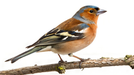 Fototapeta premium Chaffinch bird perched on branch, white background