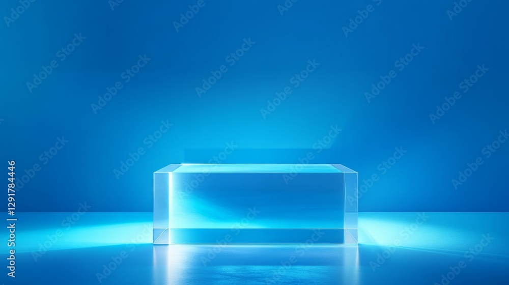 Poster clear acrylic block illuminated by blue light on a dark surface creating a striking visual effect an