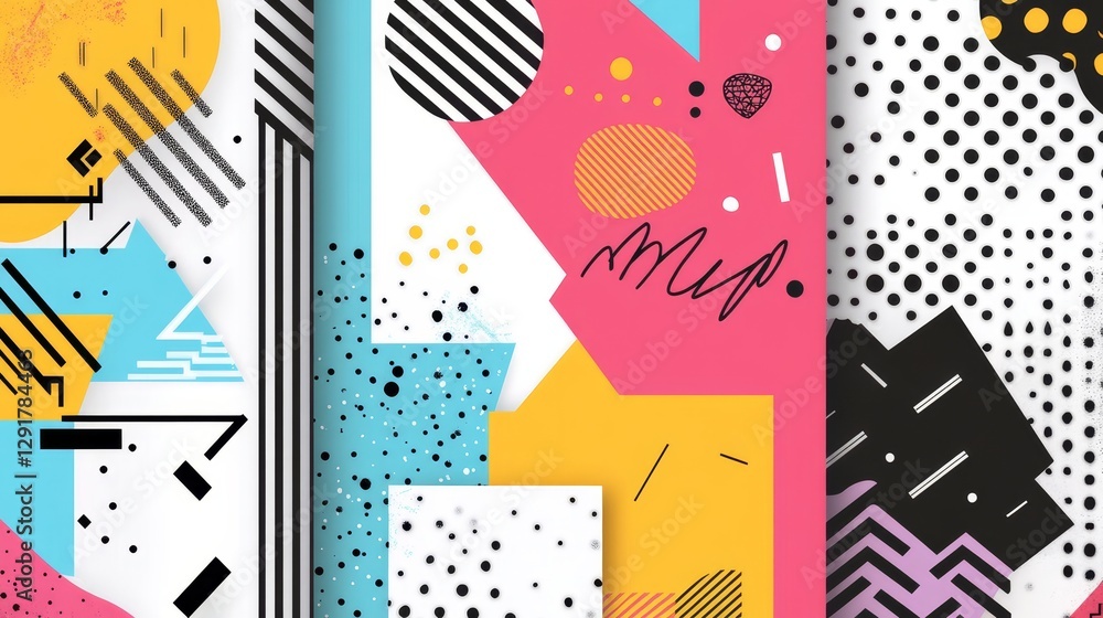 Poster vibrant collection of geometric patterns and abstract designs in various colors and shapes arranged 