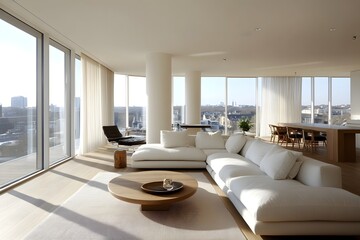 Fototapeta premium Elegant Modern Apartment with Panoramic City Skyline Views and Chic Furnishings