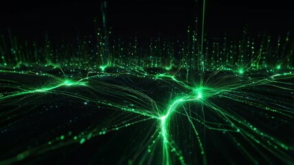 Digital data flow motion background animation with a fast moving stream of flowing green fiber optic light data nodes and particles. This modern technology background is full HD and a seamless