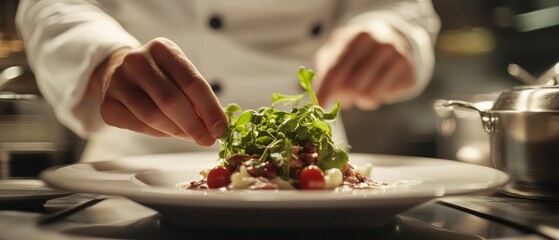 In a professional kitchen, a chef garnishes a sophisticated dish with fresh greens, showcasing culinary finesse and attention to detail.