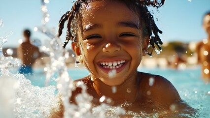 Obraz premium A cheerful child with braided hair smiles brightly while playing in water, surrounded by splashes on a sunny day. Concept Cheerful Child, Braided Hair, Water Play, Sunny Day, Joyful Moments