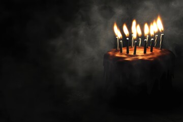 暗い背景に浮かび上がるろうそくの灯が光るケーキの美しい瞬間