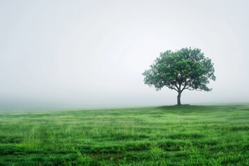 Fototapeta premium Misty landscape featuring a solitary tree amidst lush green grass on a serene morning