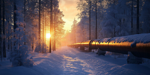 A massive gas pipeline running through a snowy forest at dawn, with frost-covered trees and golden sunlight streaming through the branches.