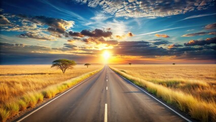 Naklejka premium Asphalt ribbon unwinding towards a vibrant sunset over a golden savanna, solitude and adventure beckoning on a journey ahead