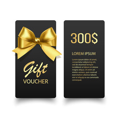 Golden voucher or gift card, gold certificate for discount. Set of isolated template for present coupon with ribbon and bow. Vector illustration