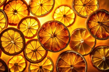 Sun-drenched yellow backdrop showcases the minimalist silhouettes of dried orange slices.