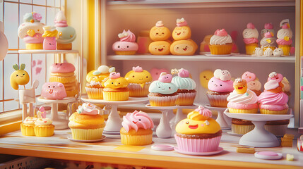 kawaii art bakery shop with chubby smiling pastries, cupcakes with blushing faces, and tiny fairies baking cookies 