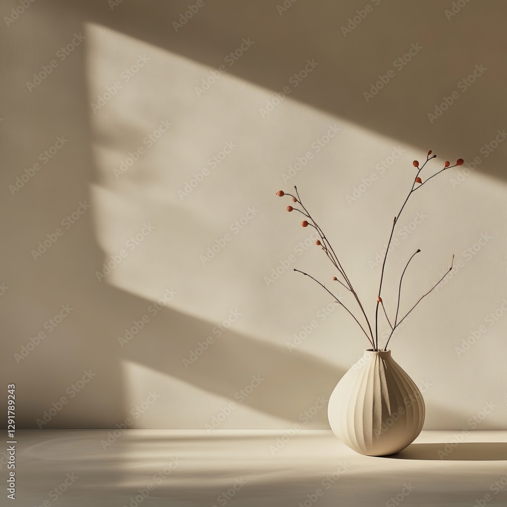 Poster minimalist vase with delicate branches in soft sunlight creating an elegant ambiance in a serene ind