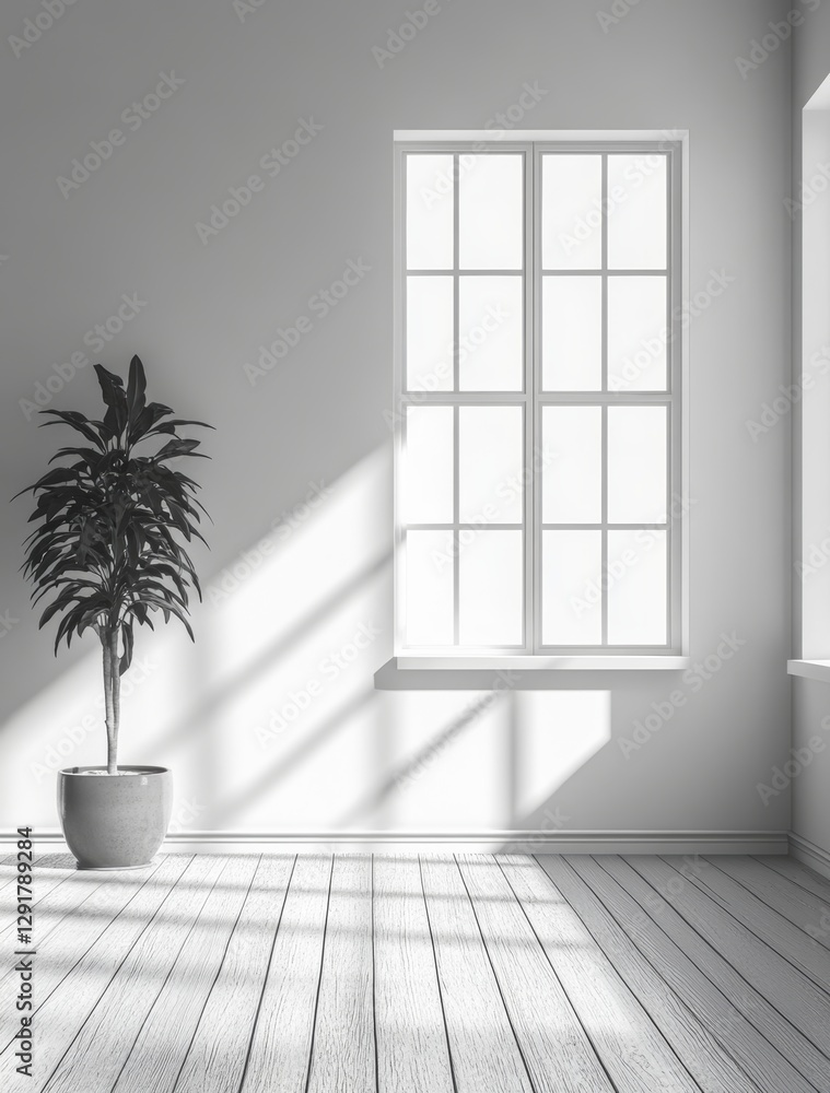 Poster light streaming through large windows illuminates a minimalist room with elegant moldings in soft mo