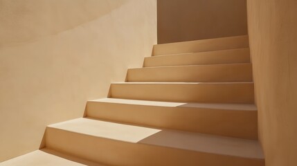 Light shadows dance on smooth steps leading up a minimalist staircase in soft beige tones within a modern architectural setting